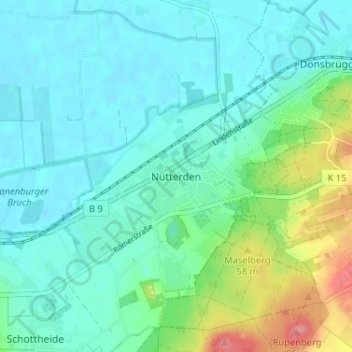 Topografische Karte Nütterden, Höhe, Relief