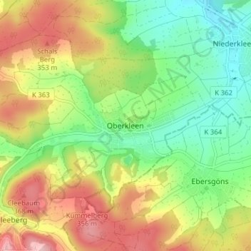 Topografische Karte Oberkleen, Höhe, Relief