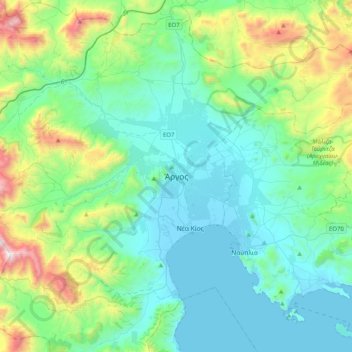 Topografische Karte Argos, Höhe, Relief