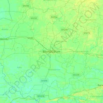 Topografische Karte Bhimavaram, Höhe, Relief