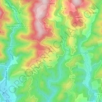 Topografische Karte Sergeat, Höhe, Relief