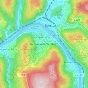 Topografische Karte Neckar-Wimmersbach, Höhe, Relief