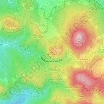 Topografische Karte Wasserfall, Höhe, Relief