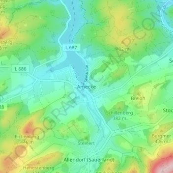Topografische Karte Amecke, Höhe, Relief