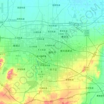 Topografische Karte Weifang, Höhe, Relief