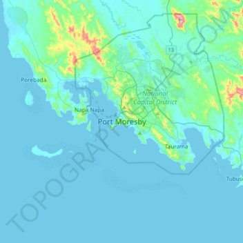 Topografische Karte Port Moresby, Höhe, Relief