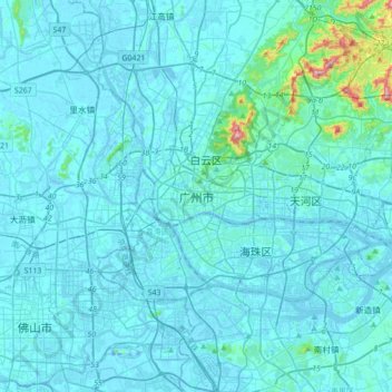 Topografische Karte Guangzhou City, Höhe, Relief