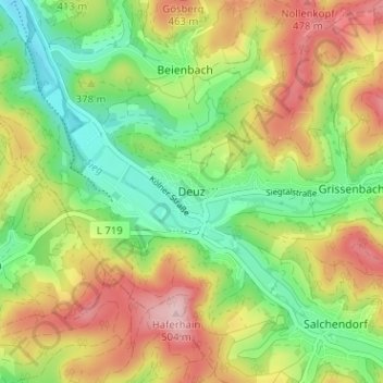Topografische Karte Deuz, Höhe, Relief