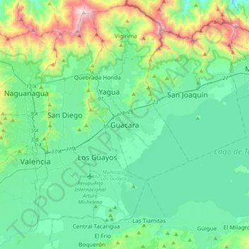 Topografische Karte Guacara, Höhe, Relief