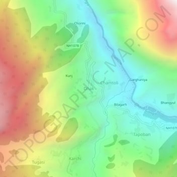 Topografische Karte Dhak, Höhe, Relief