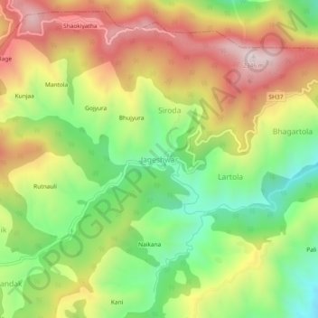 Topografische Karte Jageshwar, Höhe, Relief
