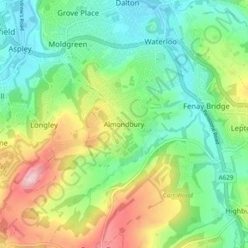 Topografische Karte Almondbury, Höhe, Relief