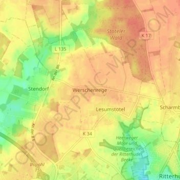 Topografische Karte Werschenrege, Höhe, Relief