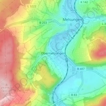 Topografische Karte Obermelsungen, Höhe, Relief