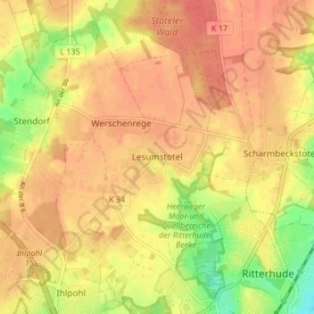 Topografische Karte Lesumstotel, Höhe, Relief