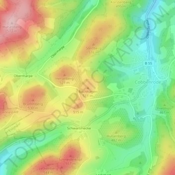 Topografische Karte Buchhagen, Höhe, Relief