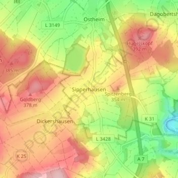 Topografische Karte Sipperhausen, Höhe, Relief