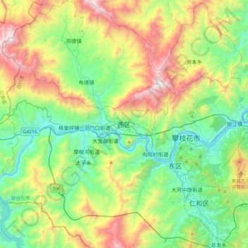 Topografische Karte Xiqu District, Höhe, Relief
