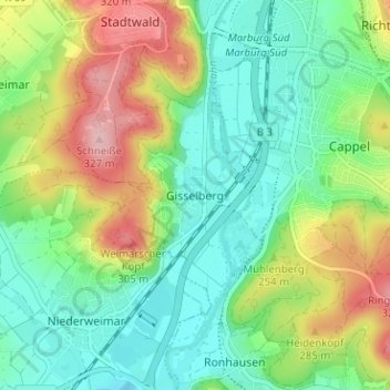 Topografische Karte Gisselberg, Höhe, Relief