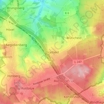 Topografische Karte Orscheid, Höhe, Relief