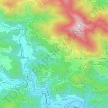 Topografische Karte Arlix, Höhe, Relief