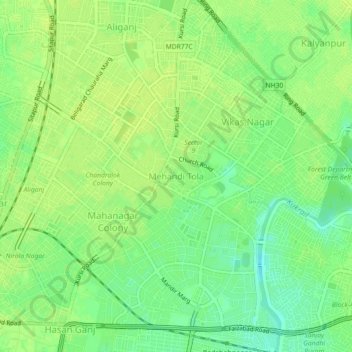 Topografische Karte Mehandi Tola, Höhe, Relief