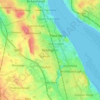 Topografische Karte Bebington, Höhe, Relief
