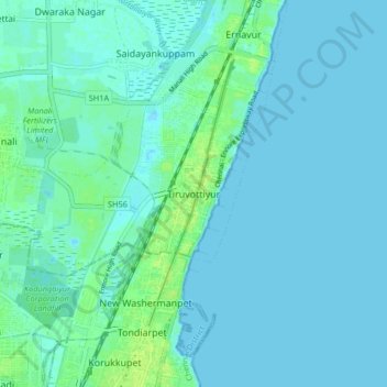 Topografische Karte Tiruvottiyur, Höhe, Relief