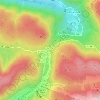 Topografische Karte Col des Feignes sous Vologne, Höhe, Relief