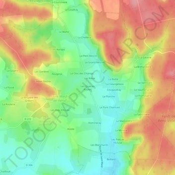 Topografische Karte Les Quatres Routes, Höhe, Relief