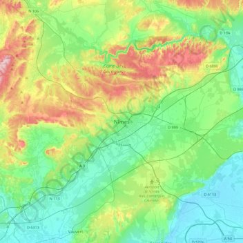 Topografische Karte Nîmes, Höhe, Relief