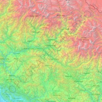 Topografische Karte Garhwāl, Höhe, Relief