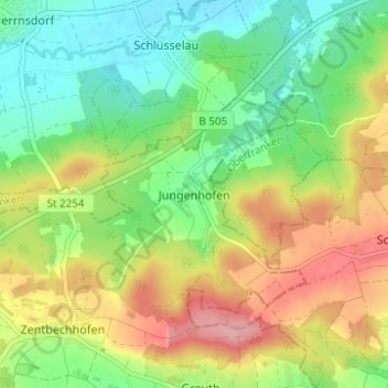 Topografische Karte Jungenhofen, Höhe, Relief
