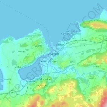 Topografische Karte Levanger, Höhe, Relief