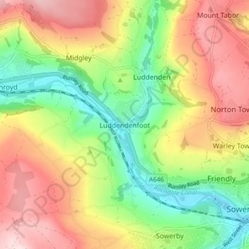 Topografische Karte Luddendenfoot, Höhe, Relief