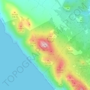 Topografische Karte Šćah, Höhe, Relief