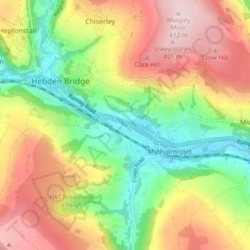 Topografische Karte Hawksclough, Höhe, Relief
