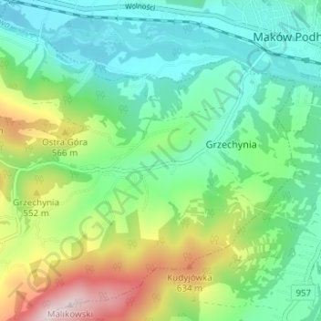 Topografische Karte Grzechynia Dolna, Höhe, Relief