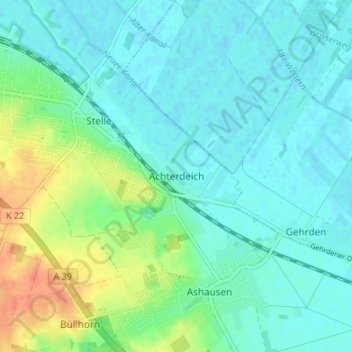 Topografische Karte Achterdeich, Höhe, Relief