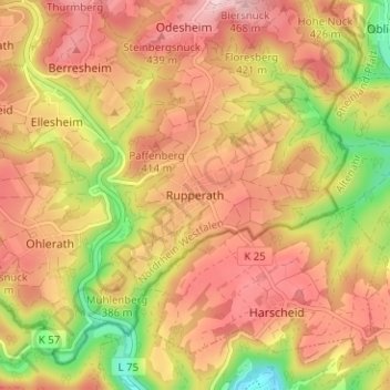 Topografische Karte Rupperath, Höhe, Relief