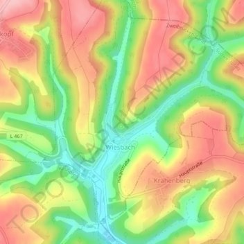 Topografische Karte Ruine Burg Wiesbach, Höhe, Relief