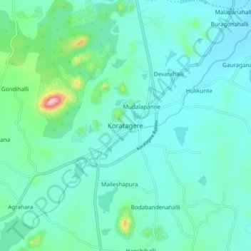 Topografische Karte Koratagere, Höhe, Relief