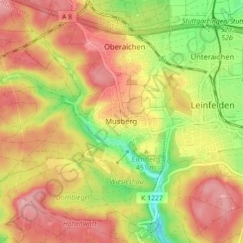 Topografische Karte Musberg, Höhe, Relief