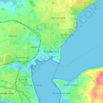 Topografische Karte Fredericia, Höhe, Relief