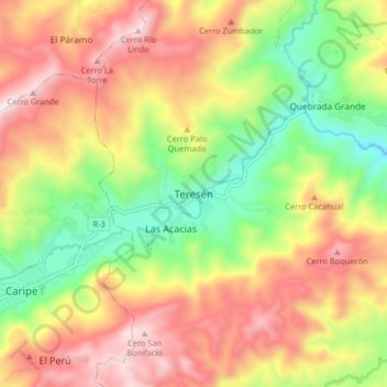 Topografische Karte Teresén, Höhe, Relief