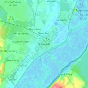 Topografische Karte Schwedt, Höhe, Relief