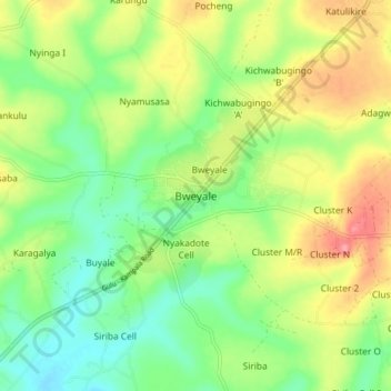 Topografische Karte Bweyale, Höhe, Relief