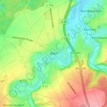 Topografische Karte Alfen, Höhe, Relief