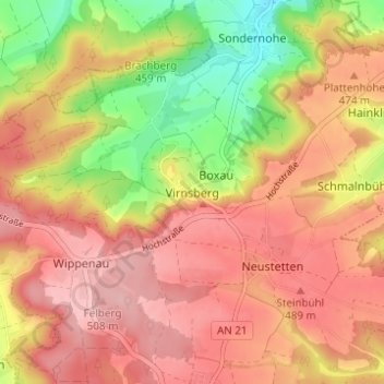 Topografische Karte Virnsberg, Höhe, Relief