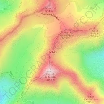 Topografische Karte Col de la Bonette, Höhe, Relief